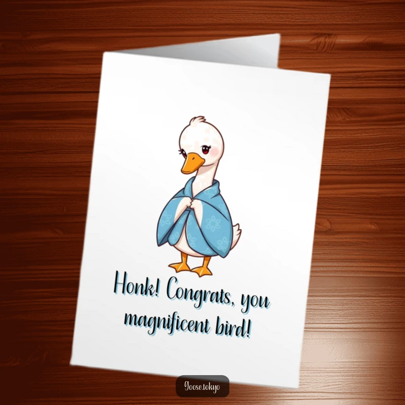 Funny Free Printable Congratulations Card: Graceful goose in a blue patterned kimono performing a slight, respectful bow.