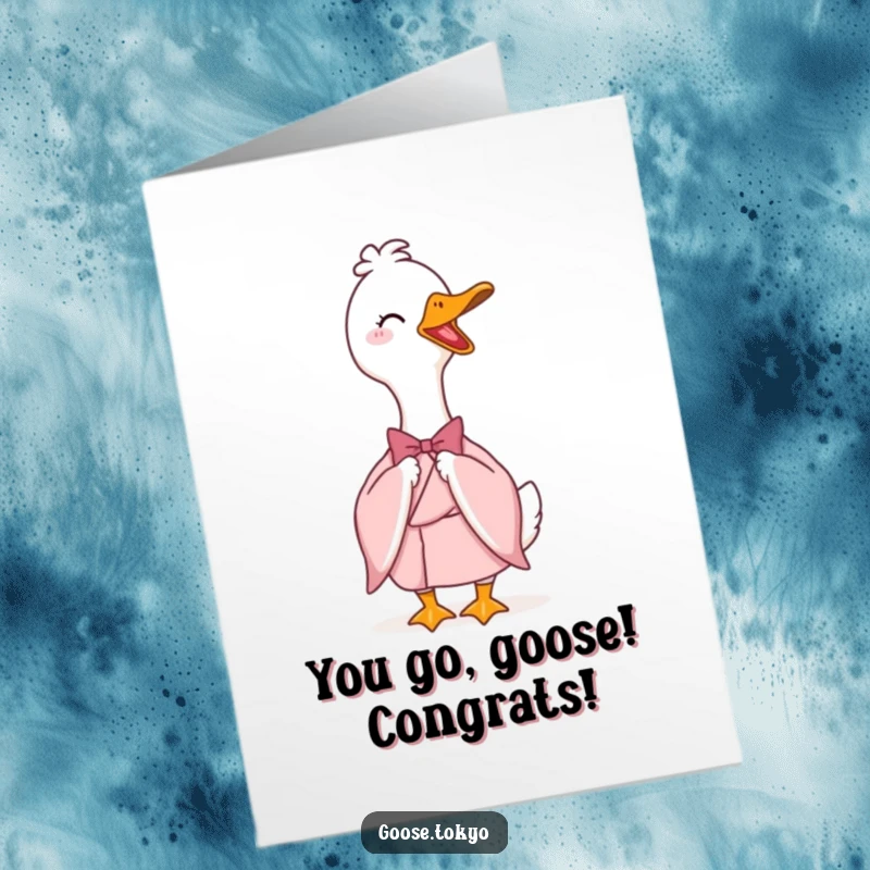 Funny Free Printable Congratulations Card: An elegant goose in a pink kimono bows with a flourish, celebrating your success.