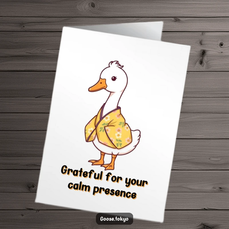 Funny Free Printable Thank You Card: Serene goose in a yellow floral kimono offering quiet thanks.