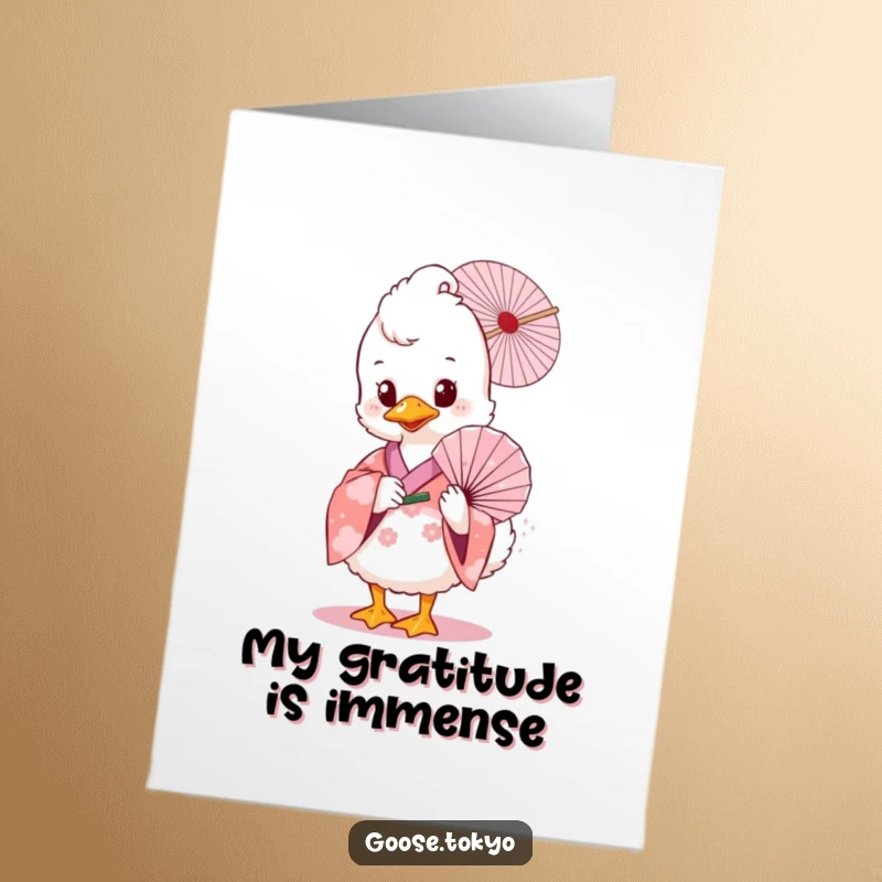 Funny Free Printable Thank You Card: A fluffy goose in a pink floral kimono holds a delicate fan, offering a sweet and funny thank you.