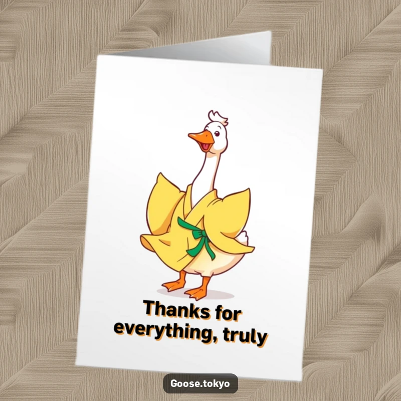 Funny Free Printable Thank You Card: A happy goose in a yellow kimono twirls joyfully, its flowing kimono conveying exuberant thanks.