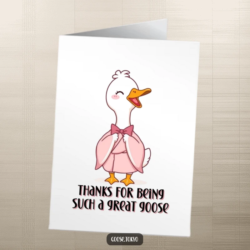 Funny Free Printable Thank You Card: A happy goose in a pink kimono bows elegantly, expressing sincere thanks.