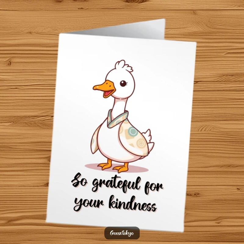 Funny Free Printable Thank You Card: A charming goose in a patterned kimono playfully peeks from behind its kimono, a funny way to say thanks.