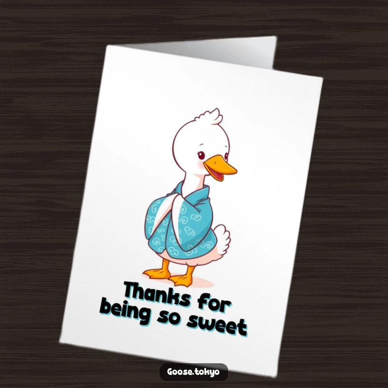 Funny Free Printable Thank You Card: A cute goose donning a blue kimono performs a respectful bow with a cheerful smile, conveying thanks.
