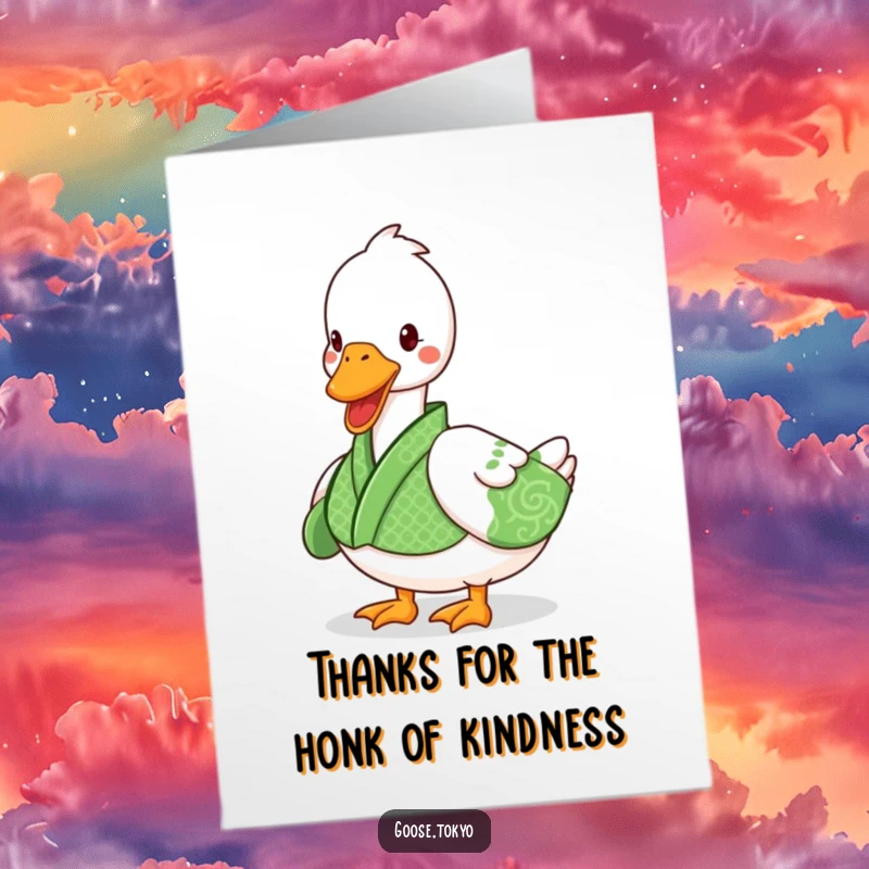 Funny Free Printable Thank You Card: Playful goose in a green kimono giving a quirky thank you waddle.