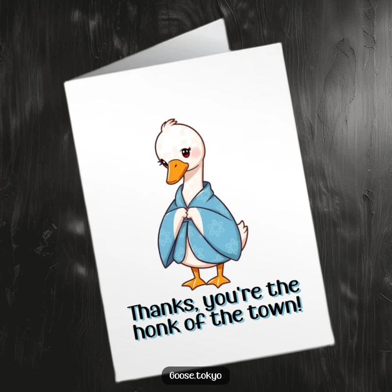 Funny Free Printable Thank You Card: A graceful goose dressed in a blue patterned kimono bowing elegantly.