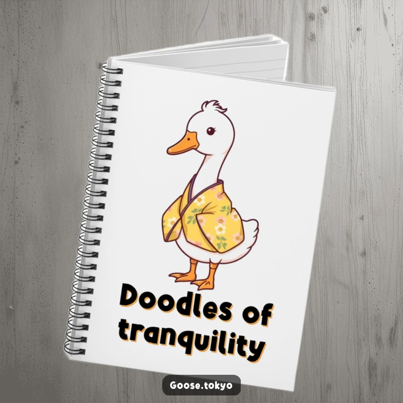 Funny goose notebook with a serene goose standing still in a yellow floral kimono, perfect for calm journaling.