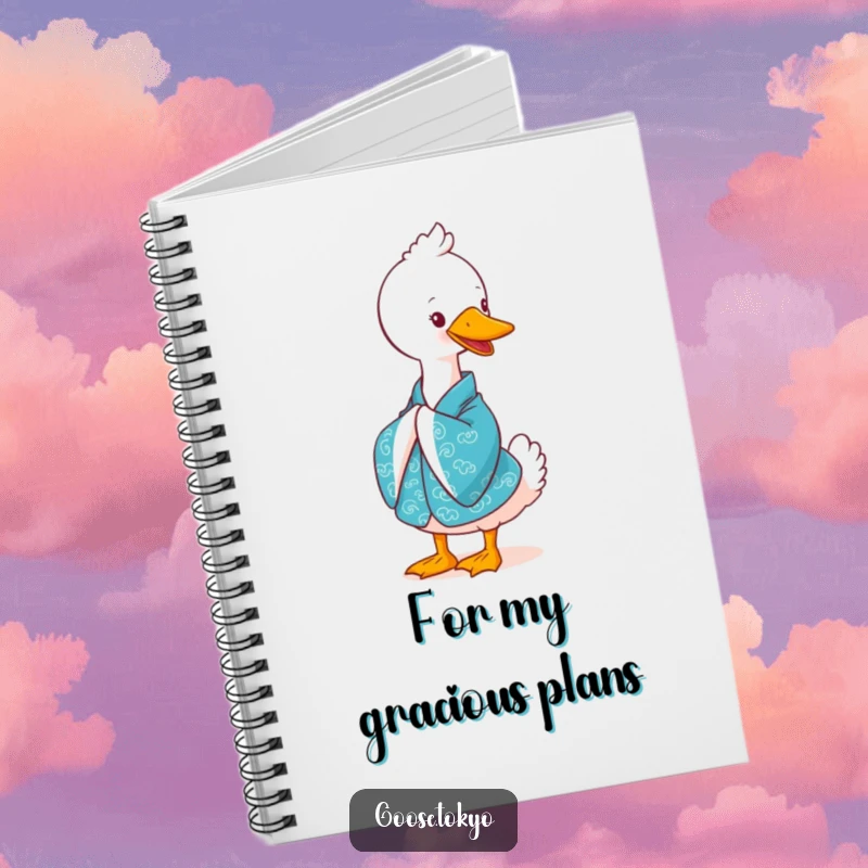Funny goose notebook, a cute goose in a vibrant blue kimono bowing gracefully with a smile, ideal for notes, journaling, or sketching.