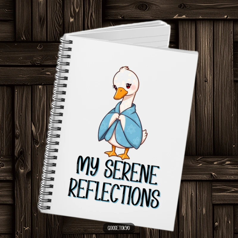 Funny notebook with a graceful goose in a blue patterned kimono, bowing slightly, perfect for journaling or note-taking.