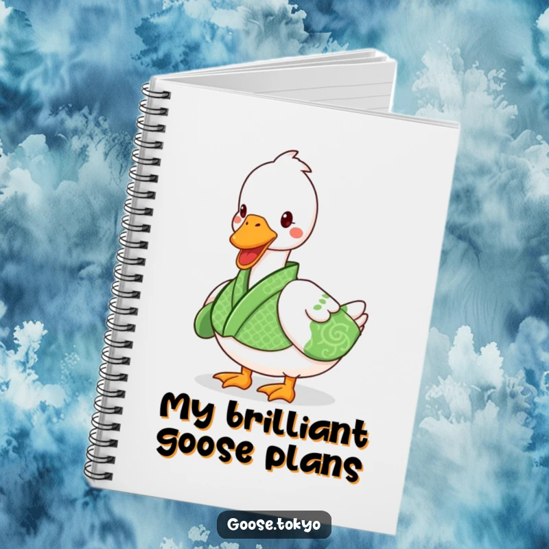 Funny goose notebook with a playful goose in a green patterned kimono waddling, ideal for jotting down funny ideas.