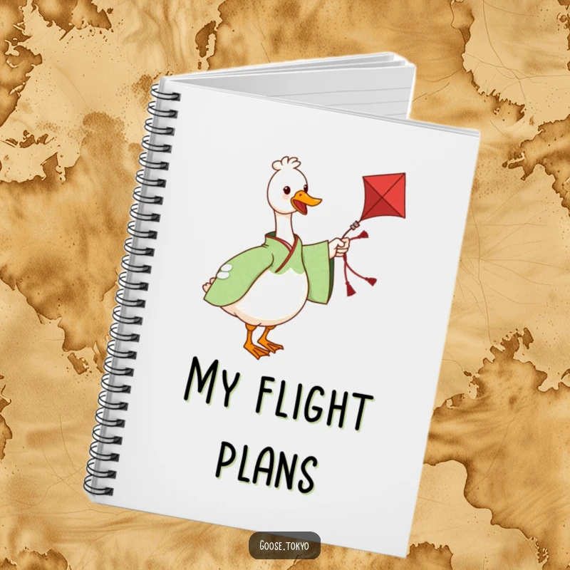 Funny notebook with a charming goose in a green patterned kimono twirling a kite, designed for jotting notes with playful energy.