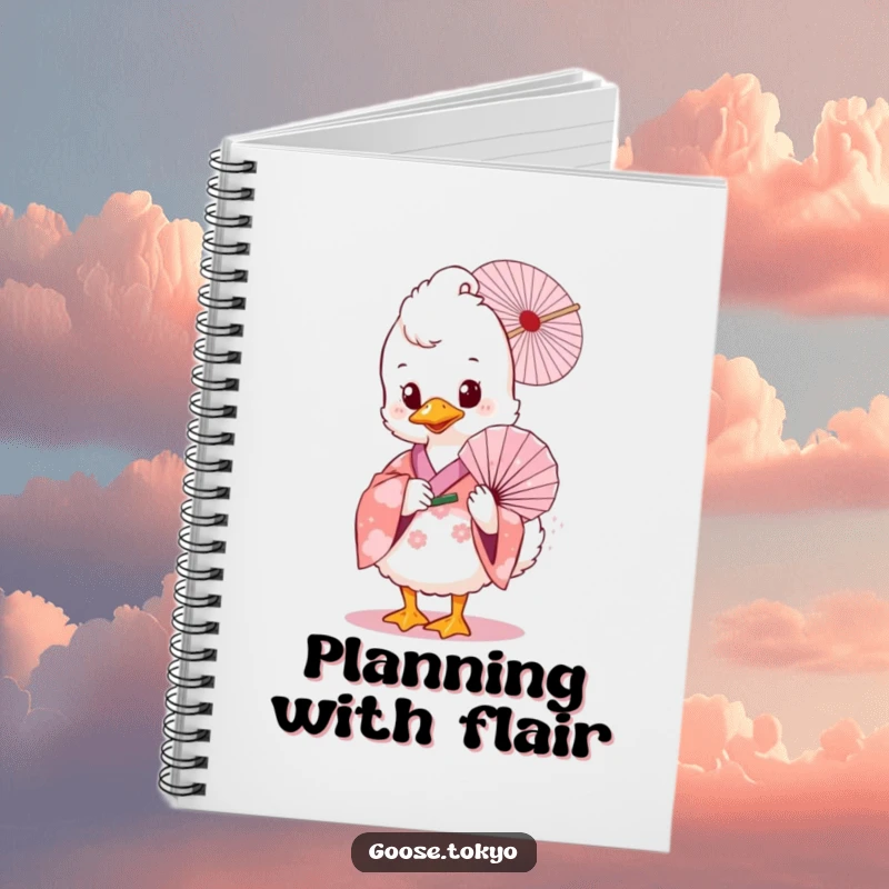 Funny goose notebook, a fluffy goose in a pink floral kimono holding a delicate fan, ideal for journaling, sketching, or planning.