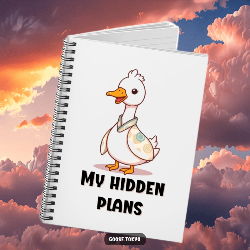 Funny goose notebook, a charming goose playfully peeking from behind a patterned kimono, ideal for journaling, sketching, or planning.