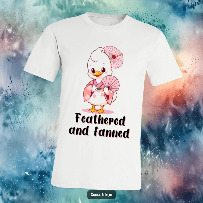 Funny goose t-shirt, a fluffy goose in a pink floral kimono gracefully holding a delicate fan, hinting at charm and poise.