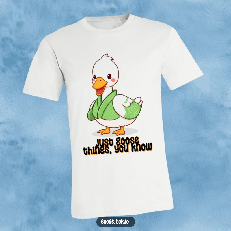 Funny goose t-shirt with a playful goose in a green patterned kimono waddling, ideal for a humorous gift.