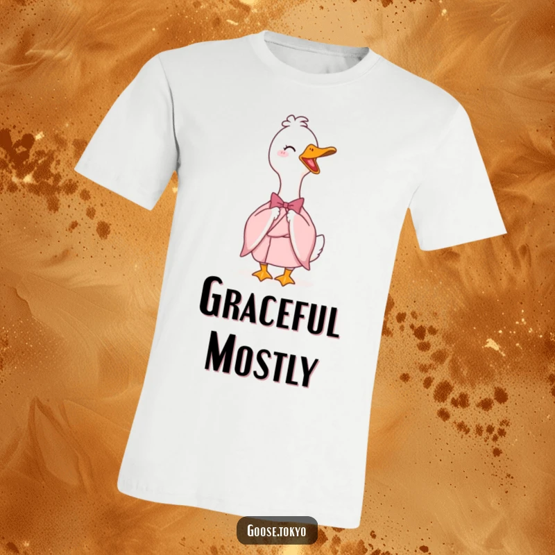 Funny T-shirt showcasing an elegant goose wearing a pink kimono and bowing with a flourish, embodying playful sophistication.