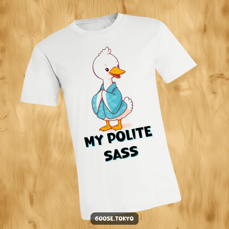 Funny goose t-shirt, a cute goose wearing a vibrant blue kimono, bowing gracefully with a sweet smile, a symbol of politeness.