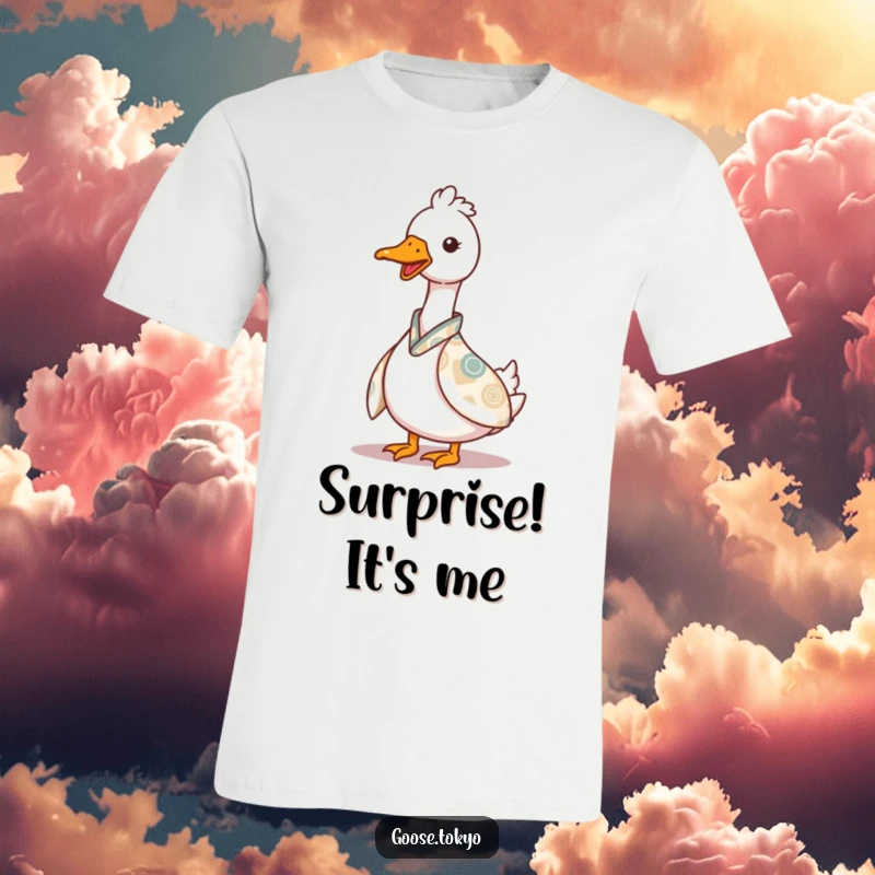 Funny goose t-shirt, a charming goose peeking playfully from behind a patterned kimono, showcasing a mischievous and endearing personality.