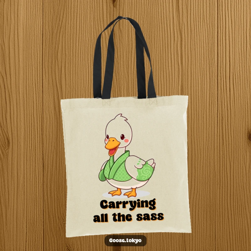 Funny goose tote bag with a playful goose in a green patterned kimono waddling, perfect for a humorous shopping trip.