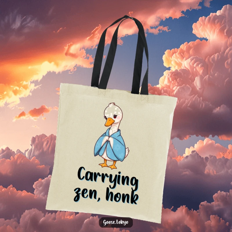 Funny tote bag featuring a graceful goose wearing a blue patterned kimono, making a slight bow, perfect for carrying items.