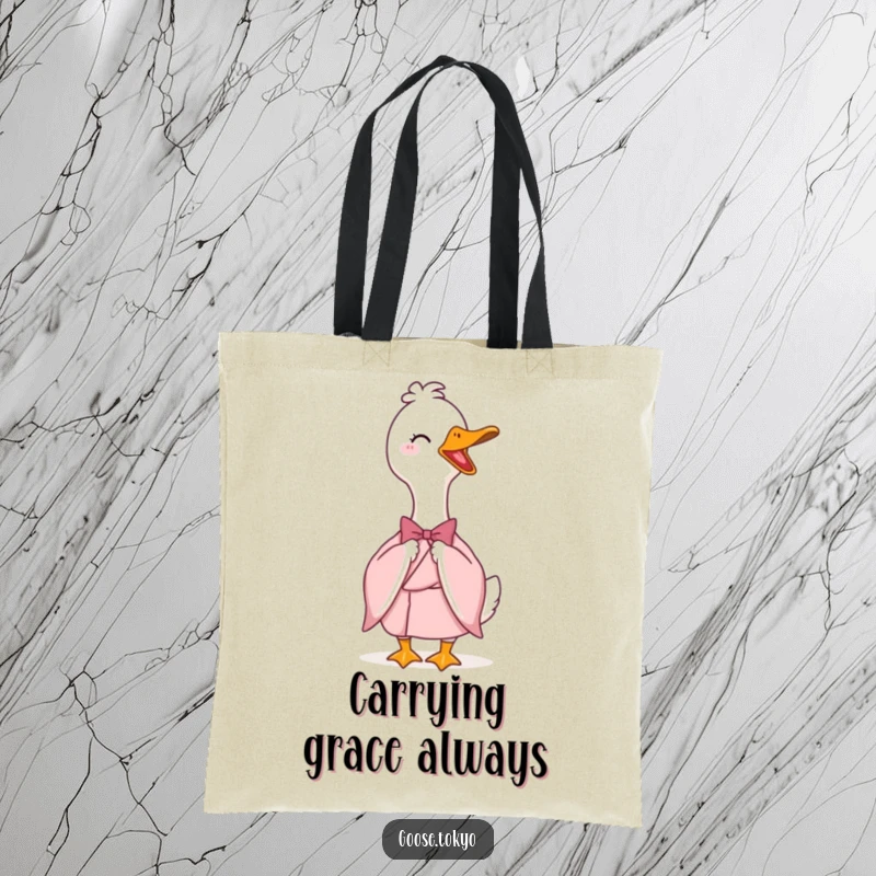 Funny tote bag featuring an elegant goose in a pink kimono bowing with a flourish, perfect for stylish, humorous shopping.