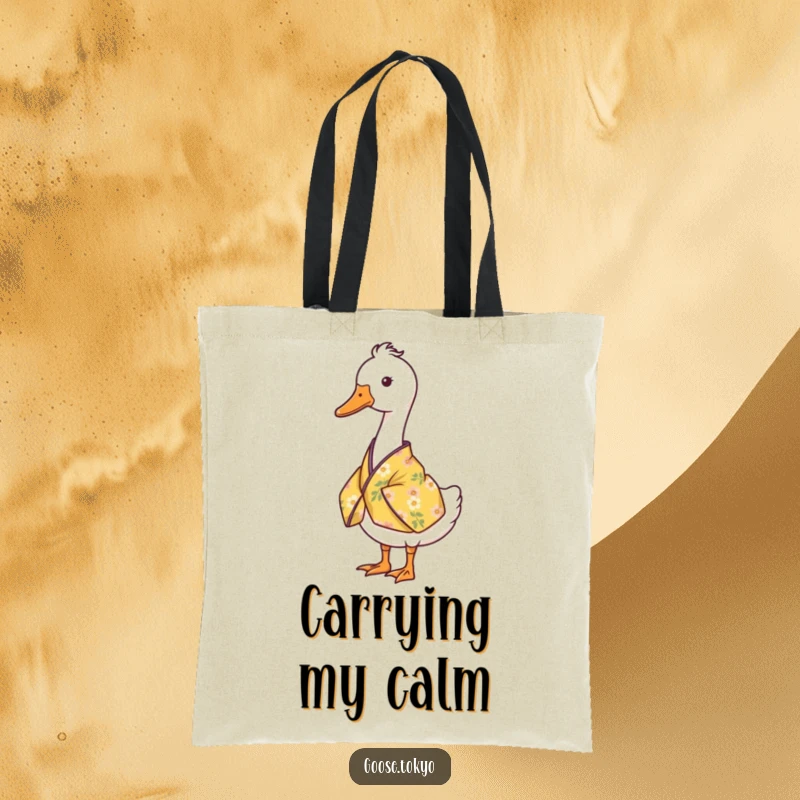 Funny goose tote bag with a serene goose standing still in a yellow floral kimono, perfect for stylish errands.