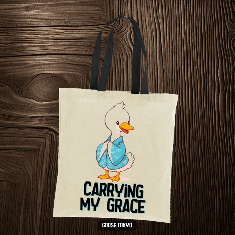 Funny goose tote bag, a cute goose in a vibrant blue kimono bowing gracefully with a smile, ideal for shopping or daily use.