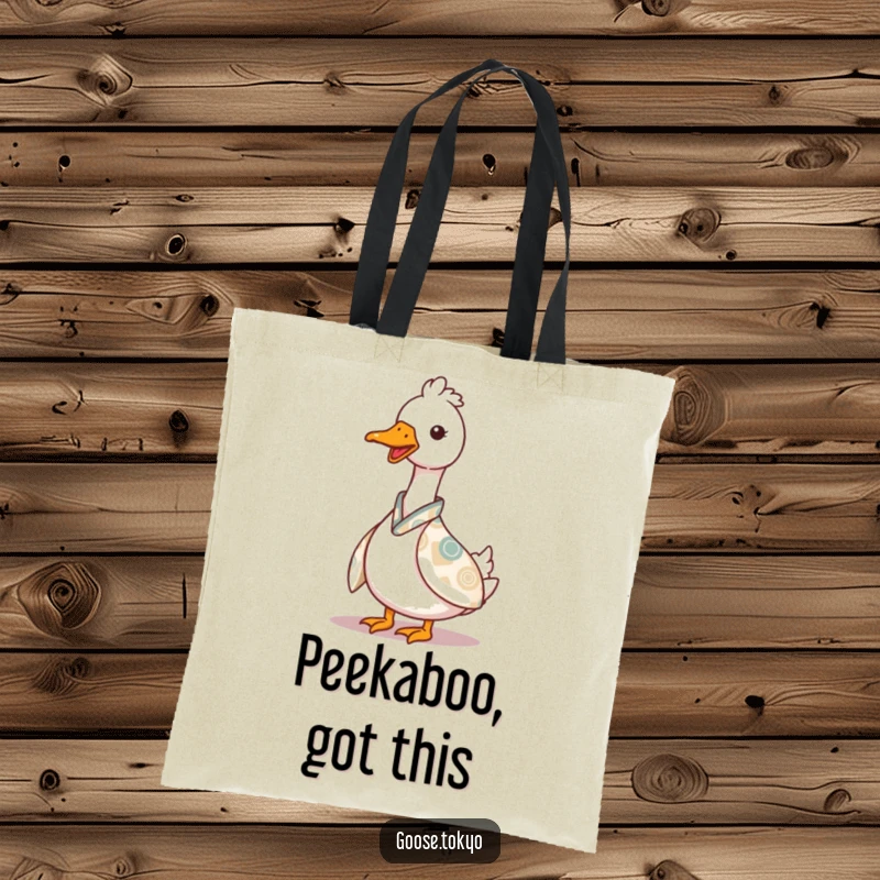 Funny goose tote bag, a charming goose playfully peeking from behind a patterned kimono, perfect for carrying daily items with a smile.